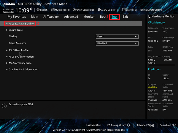 ASUS Tool 탭에서 ASUS EZ Flash 3 Utility 선택 화면